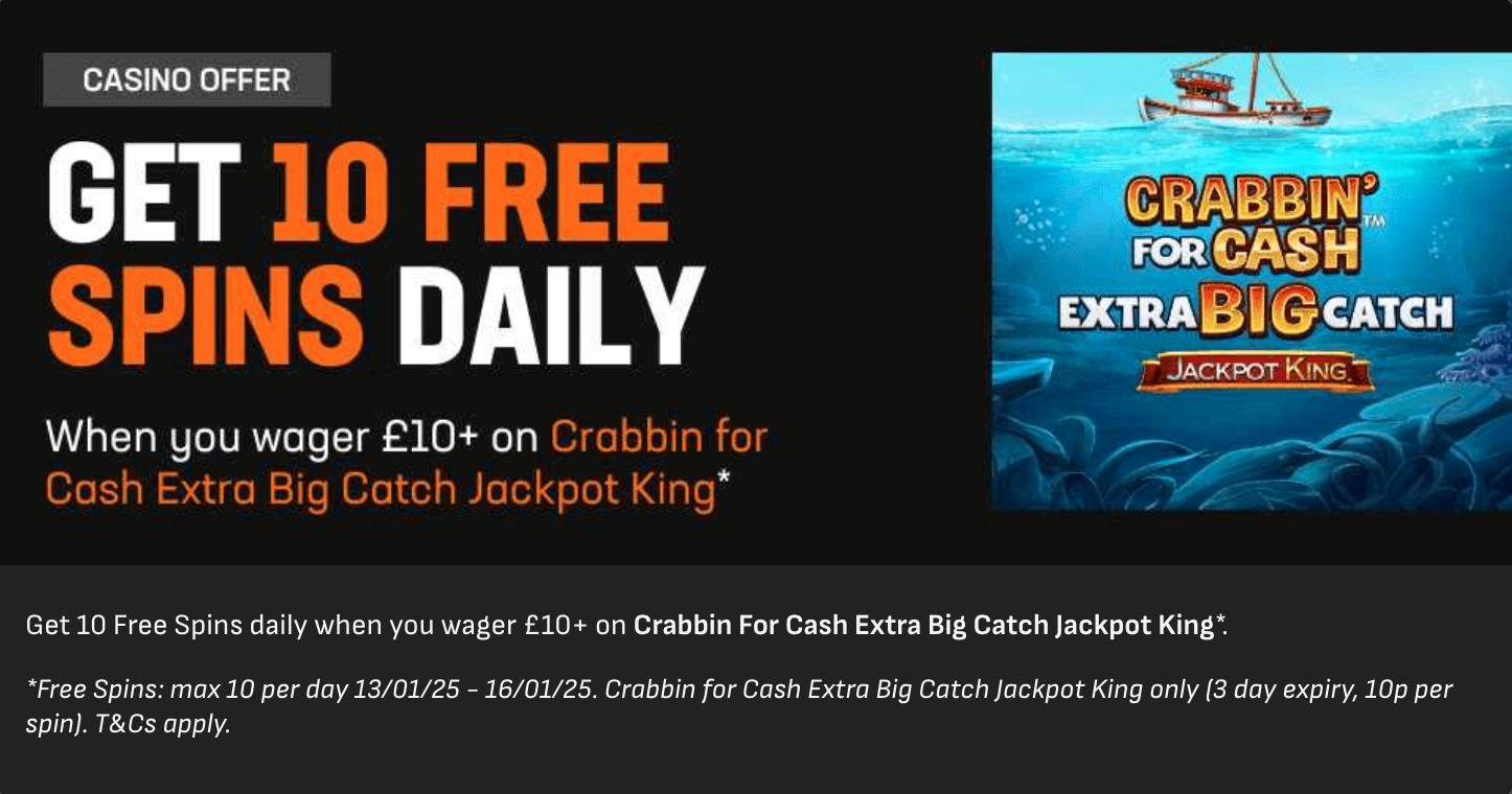 Livescore Bet casino offer: get 10 free spins daily when you wager £10+ on Crabbin for Cash Extra Big Catch Jackpot King